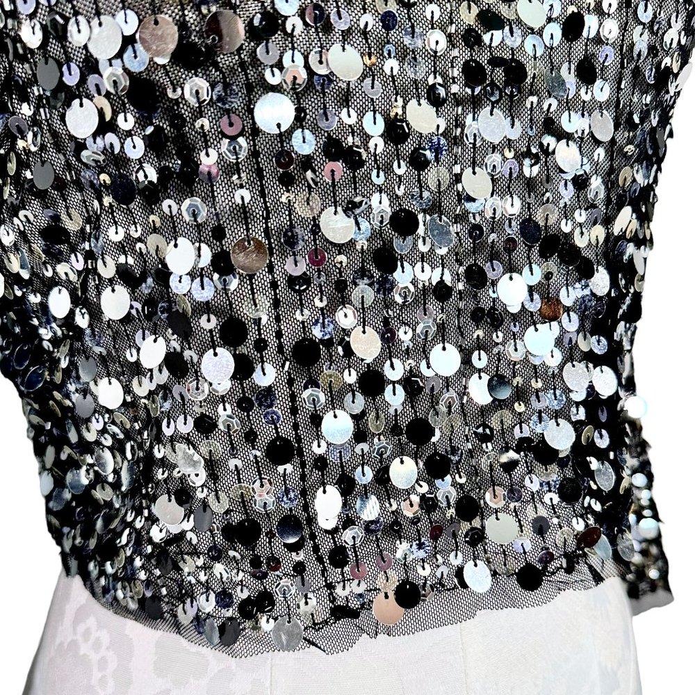 havenbleu Black Sheer Silver Sequin Cropped Long Sleeve Top Small - Picture 10 of 14